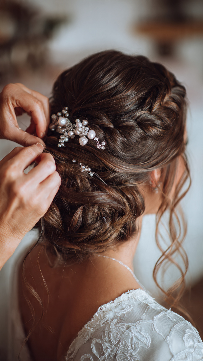 Professional hairstylist creating elegant bridal updo with detailed braids and decorative accessories