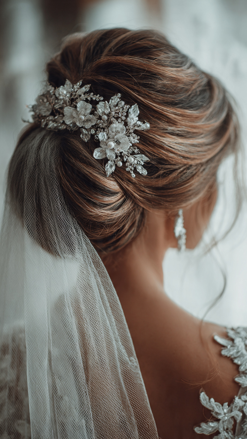 Bridal hair with elegant accessories tiara decorative comb flowers veil