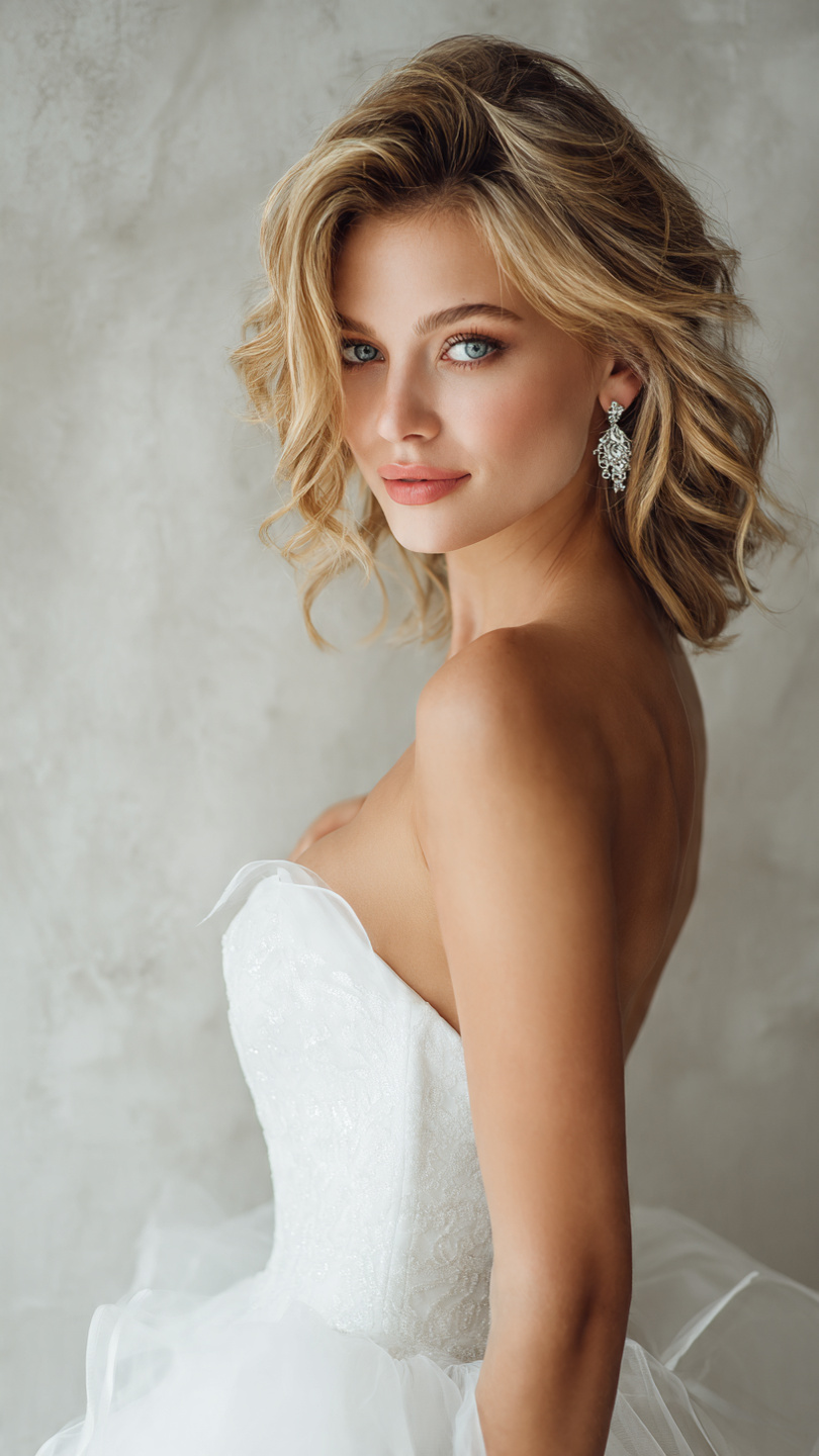 Beautiful bride in white wedding dress with elegant romantic waves hairstyle professional photography