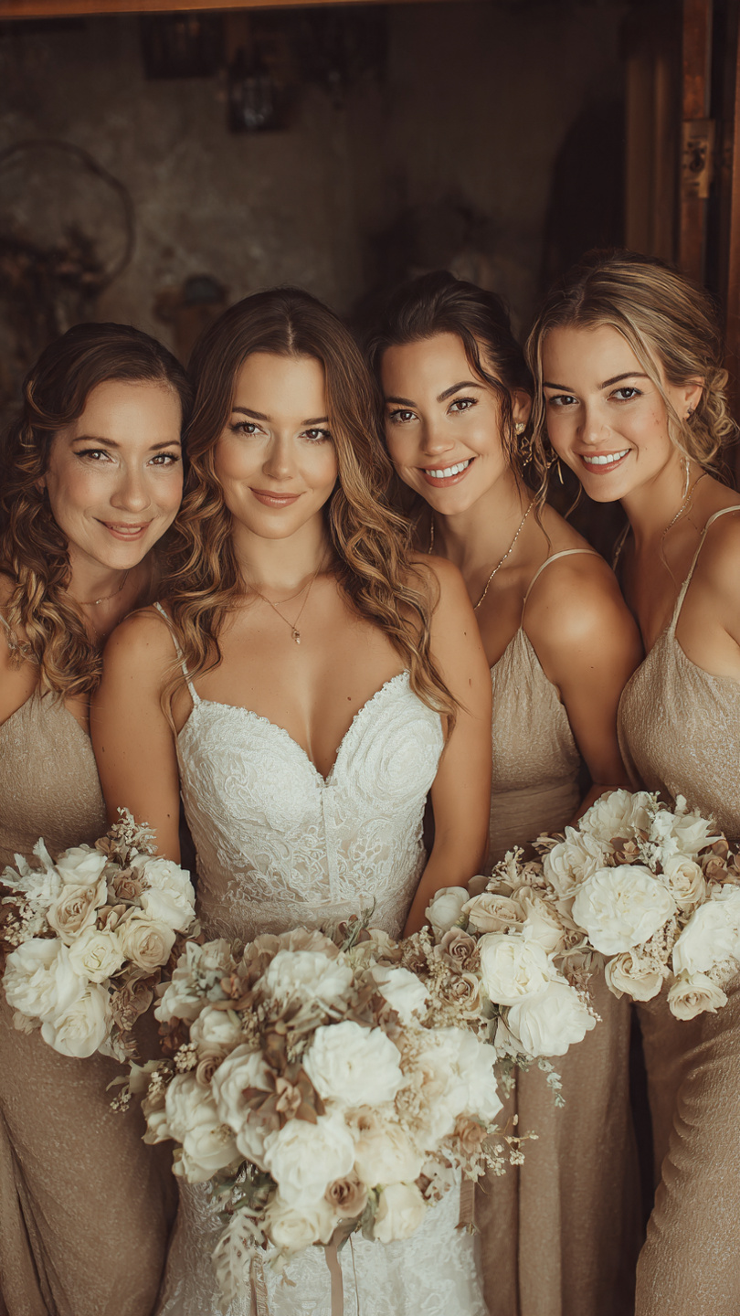 Bride with bridesmaids coordinated varied hairstyles elegant styling group photography