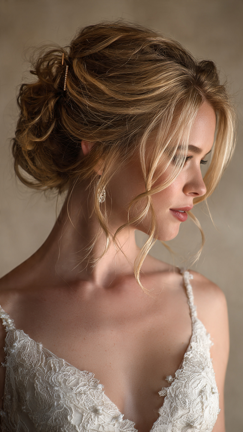 Professional elegant updo hairstyle on bride with romantic texture studio lighting