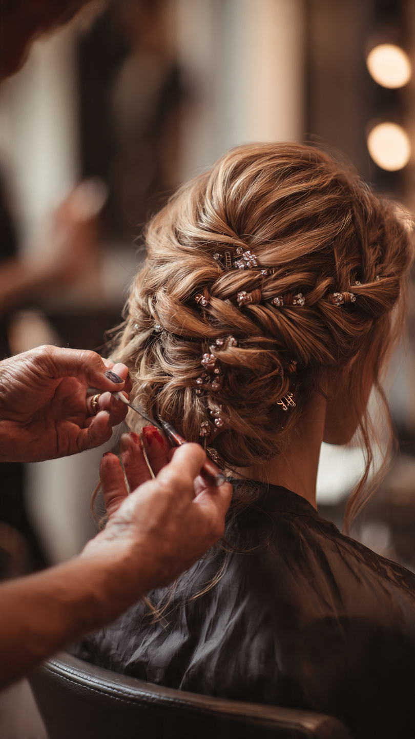 Professional hair stylist working on bride hair in salon luxury spa setting