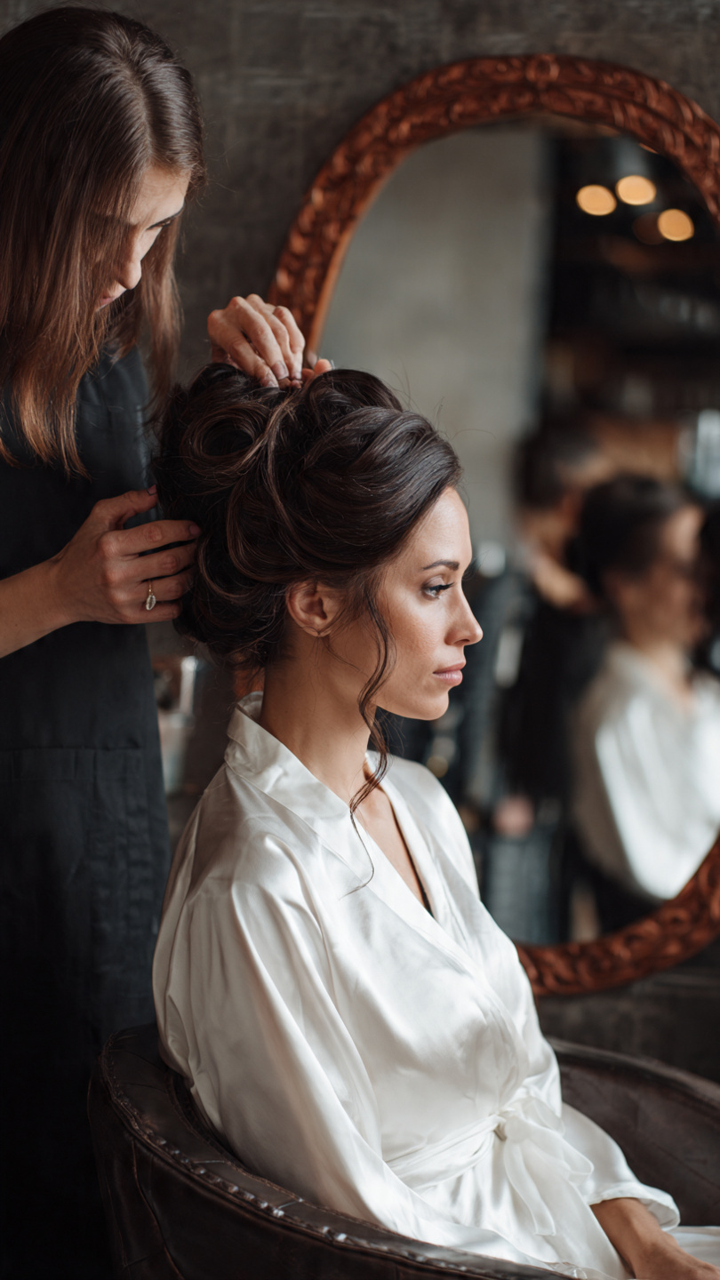 Bride in salon chair trying different hairstyles consultation mirror visible