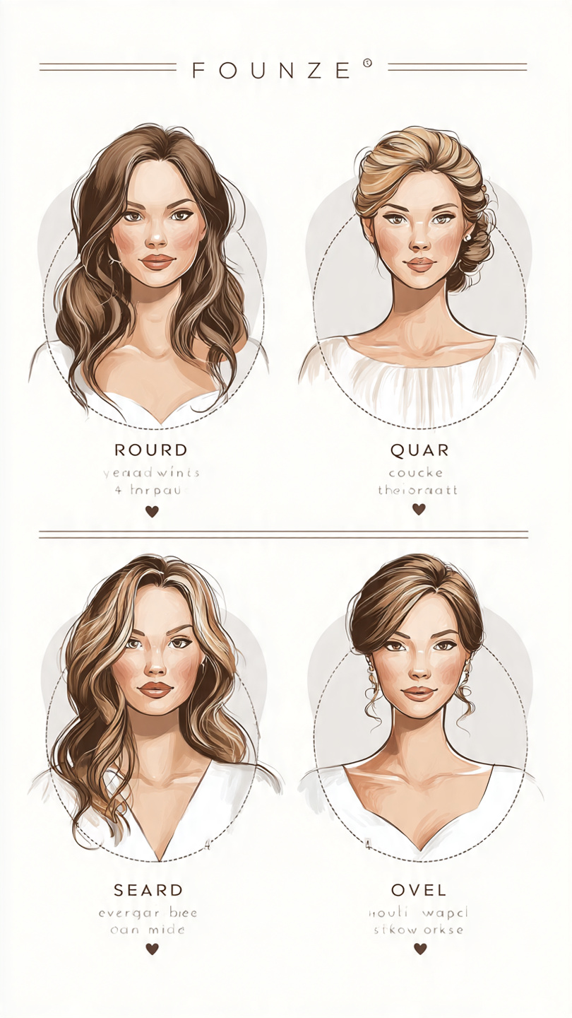 Infographic showing 4 face shapes round square oval heart-shaped with different bridal hairstyles