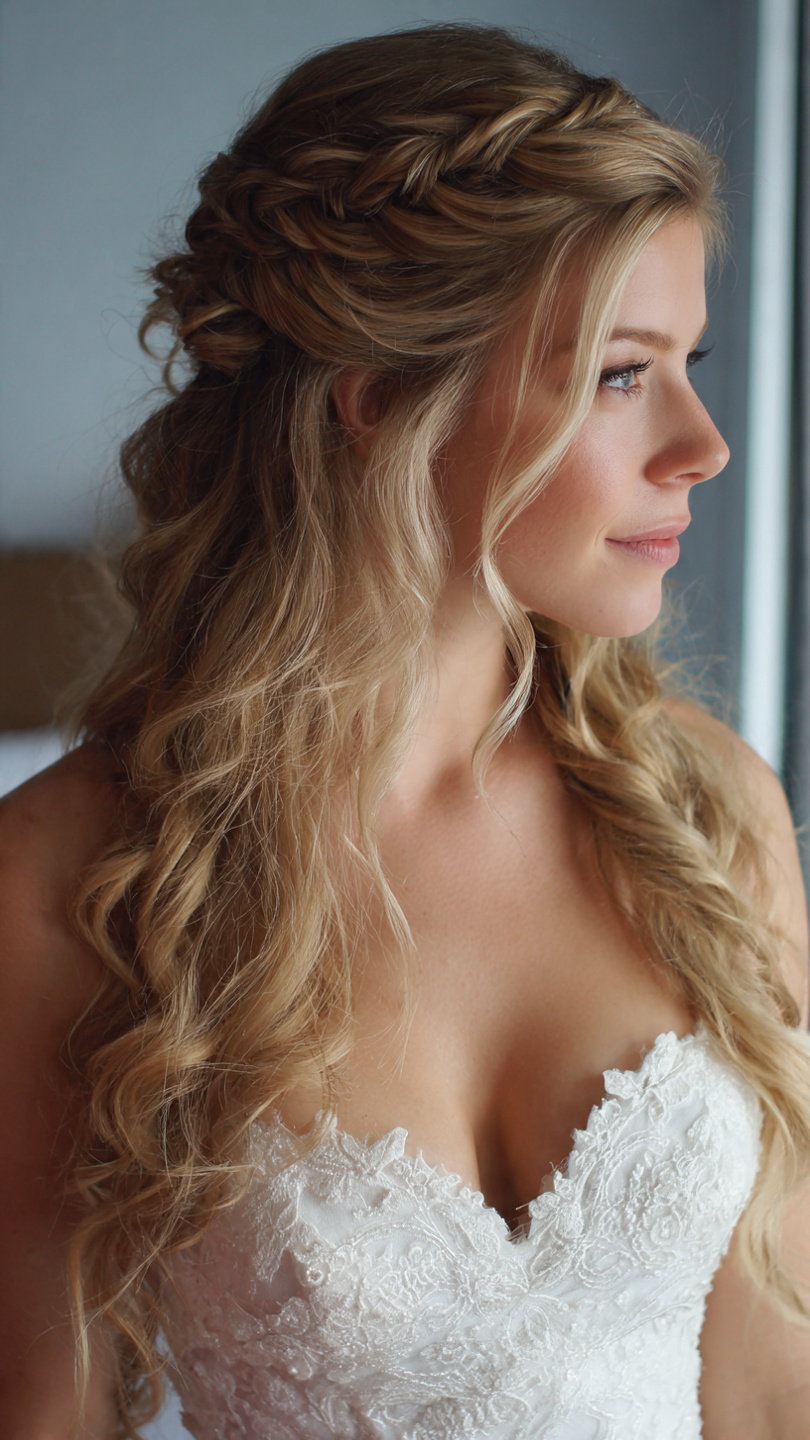 Elegant half-up half-down bridal hairstyle with braided elements and flowing waves