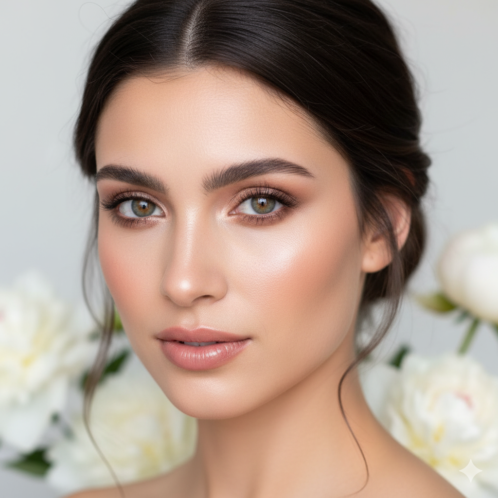 Natural bridal makeup featuring dewy skin, soft neutral tones, and luminous glow for modern wedding aesthetic - 2026 trend