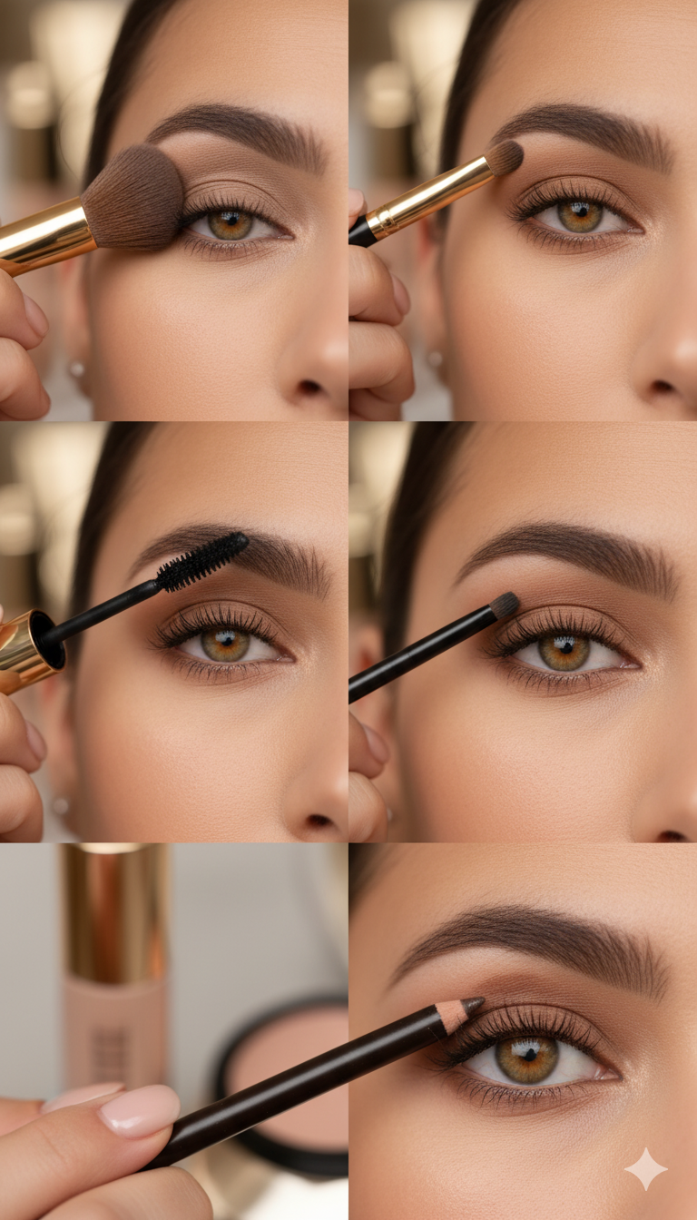 Step-by-step eye makeup application showing eyeshadow placement, eyeliner application, and mascara technique for natural bridal look
