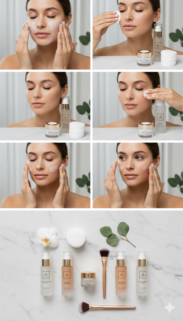 Professional skin preparation for natural bridal makeup showing cleansing, toning, moisturizing and priming steps
