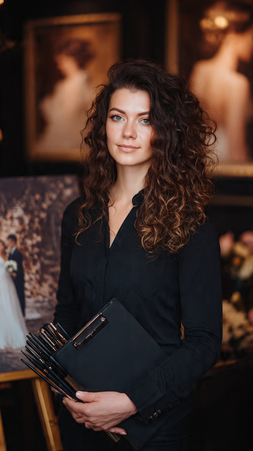 Professional female hair stylist with tools and products salon background bridal work